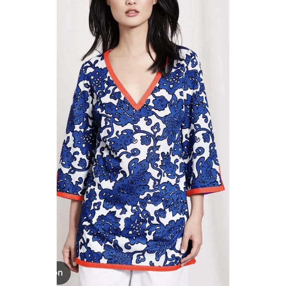 Boden Lilian Cotton Kaftan Tunic Swim Cover Up Blue Floral Bright Coral Top 14
